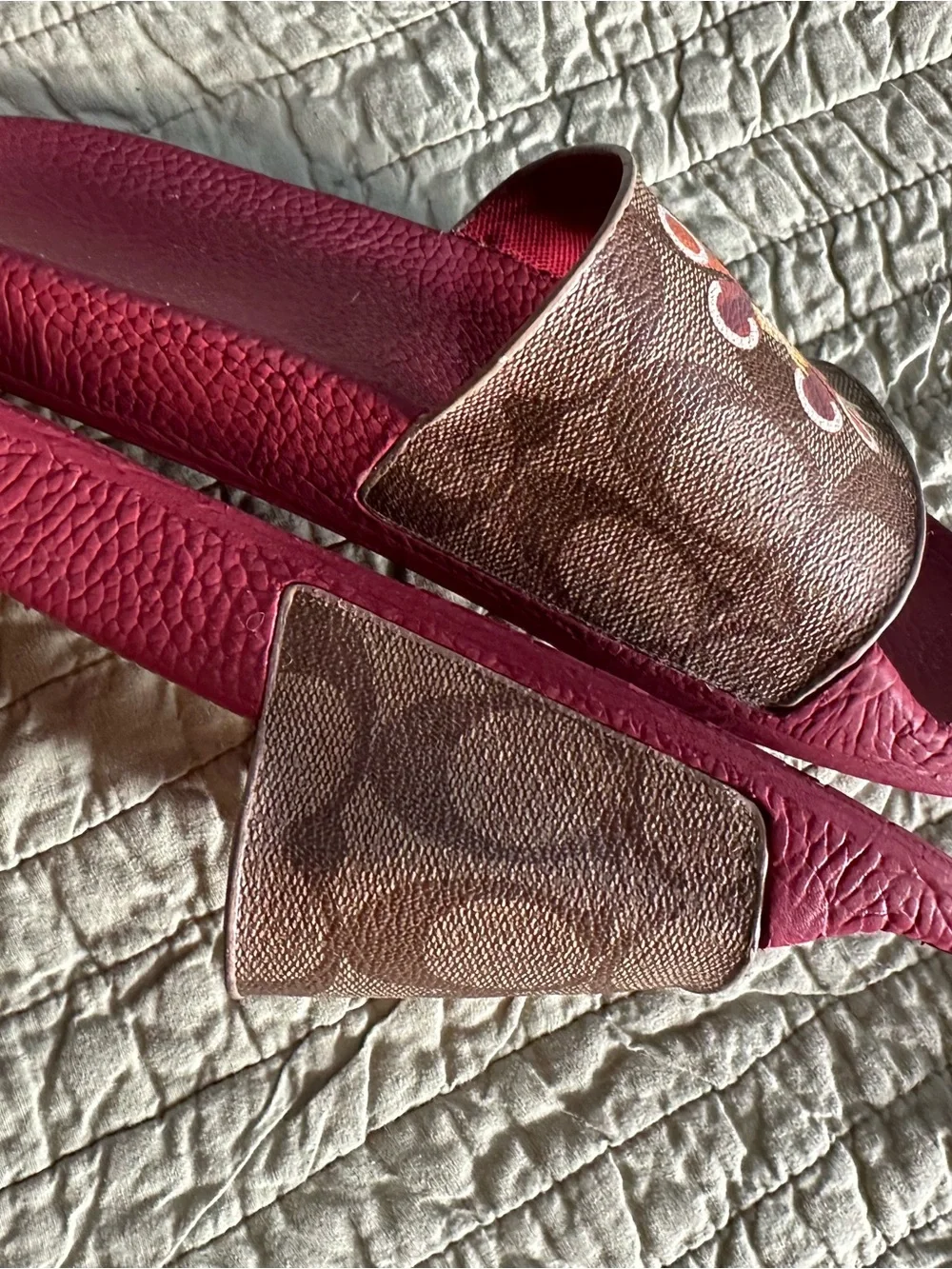 Coach Maroon Logo Monogram Slide Sandals with Multicolor Accents